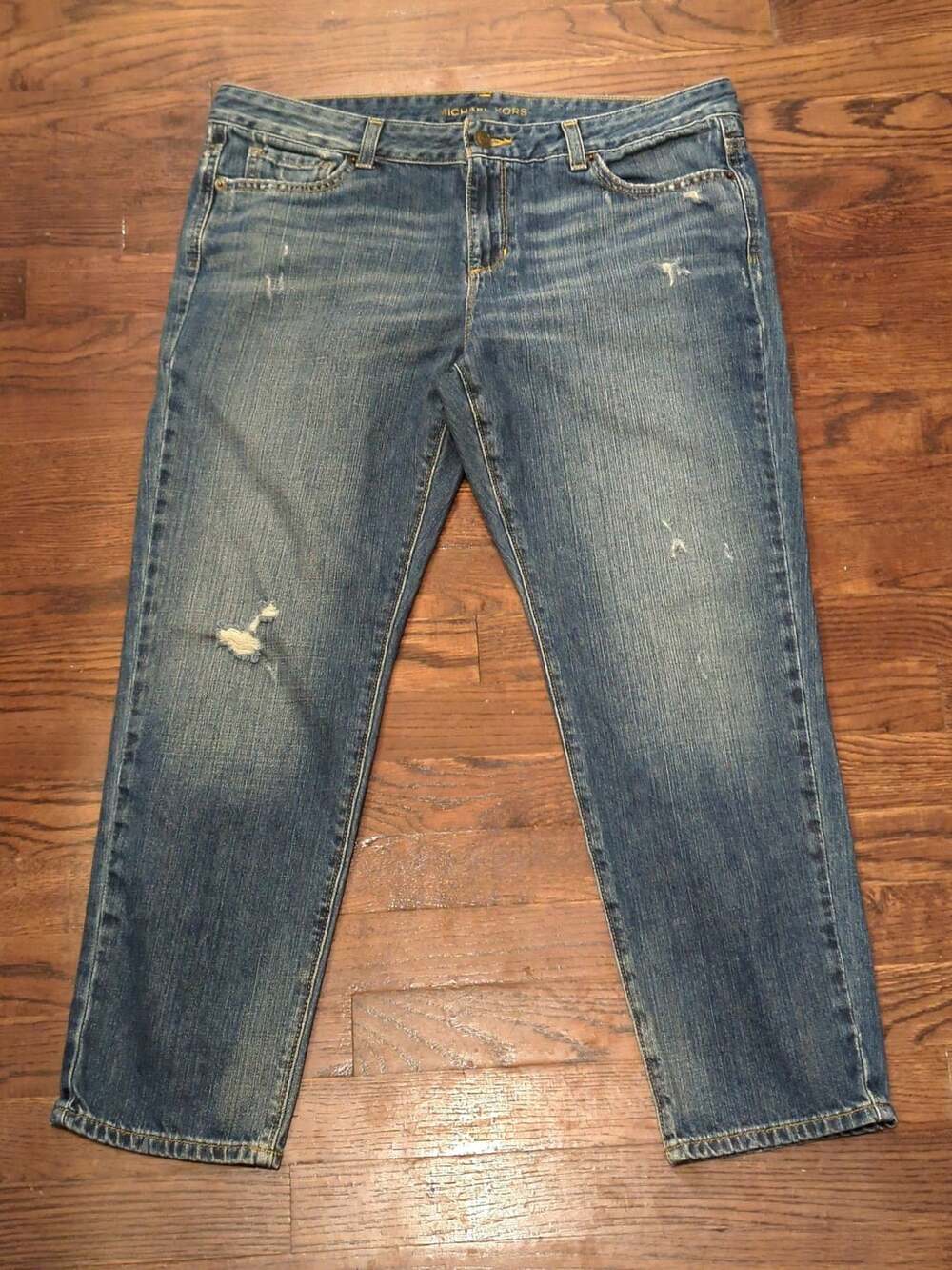 Michael Kors Distressed Straight Jeans Size 10 Blue Denim